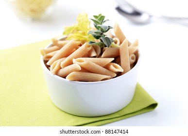 Bowl Of Whole Wheat Pasta Tubes - Closeup