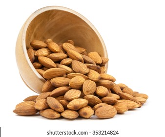 Bowl Wood Of Almonds Isolated On White Background