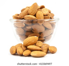 Bowl Wood Of Almonds Isolated On White Background