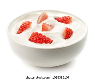 Bowl Of Yogurt Cream With Fresh Strawberries Isolated On White Background