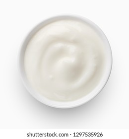 Bowl Of Yogurt On White Background, Top View