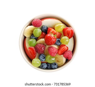 Bowl With Yummy Fruit Salad, Isolated On White