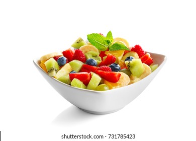 Bowl With Yummy Fruit Salad, Isolated On White