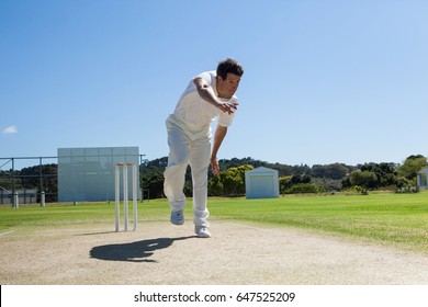 Bowler delivering ball during cricket match against clear blue sky on sunny day - Powered by Shutterstock