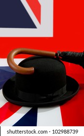 Bowler hat, umbrella and British flag, Union Jack, Union Flag