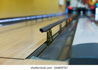 Bowling Alley Background. Lane With Bumper Rails Closeup. Leisure Activity Club