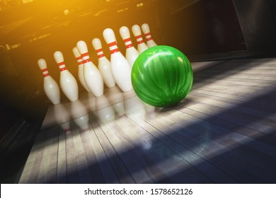 Bowling alley. Ball and pins. competition.