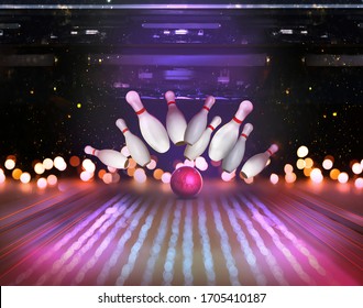 Bowling ball bouncing pins, bokeh effect. Successful hit - strike