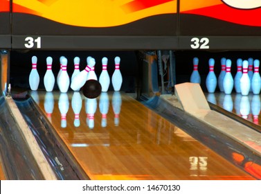 Bowling Ball Making Contact With Head Pin In The Strike Zone.