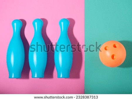 bowling ball and pins on the playing field. bowling ball and pins on the track. bowling background. Active leisure. Sport game. Bowling game equipment concept. copy space. Close up.