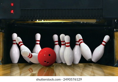 Bowling ball ten pins hit on alley