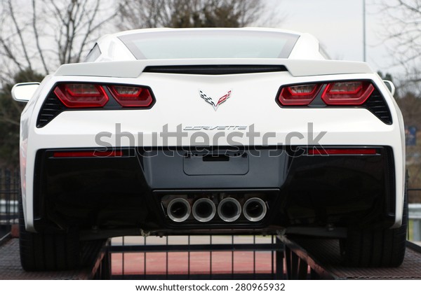 BOWLING GREEN, KY-MAY, 2015: Rear view of\
the new Chevrolet Corvette Stingray on display at the Corvette\
assembly plant in Bowling Green, KY.  \
