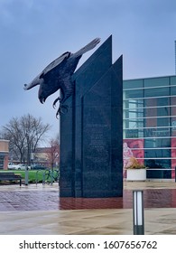 Bowling Green, Ohio / USA - April 19, 2019: Side View Of The Falcon Statue By The Stroh Center Entrance At The Bowling Green State University.
