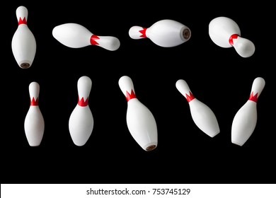 bowling pins isolated on a black background, set of nine pins bowling