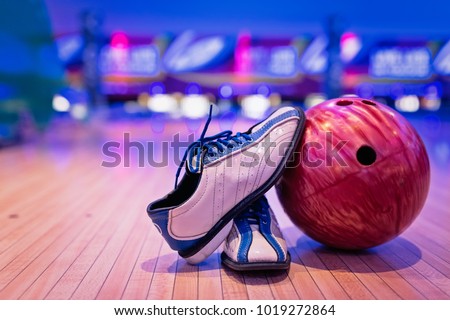 Bowling shoes and ball for bowling game,relaxing concept.