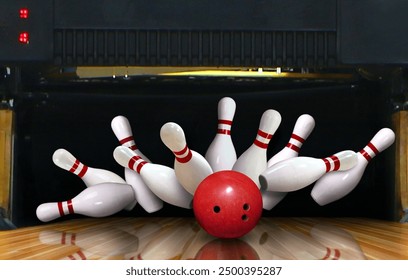 Bowling strike hit with ball hitting ten pins in the alley