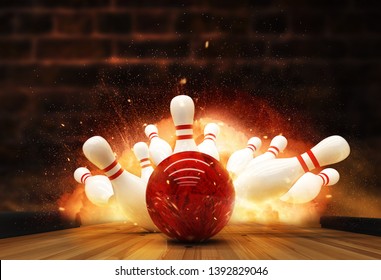 Bowling strike hit with fire explosion. Concept of success and win. - Shutterstock ID 1392829046