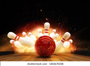 Bowling strike hit with fire explosion. Concept of success and win. - Shutterstock ID 1403670338