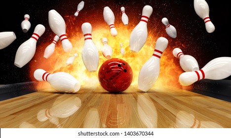 Bowling strike hit with fire explosion. Concept of success and win. - Shutterstock ID 1403670344