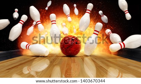 Bowling strike hit with fire explosion. Concept of success and win.