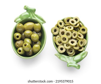 Bowls Of Cut Green Olives On White Background