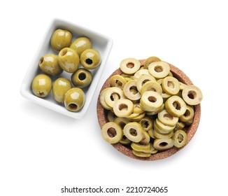 Bowls Of Cut Green Olives On White Background