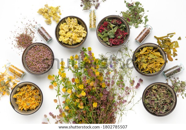 Bowls of dry medicinal herbs, healing plants bunches and\
bottles of dry medicinal plants on white background. Top view, flat\
lay. 