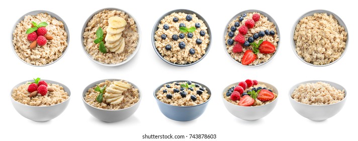 Bowls of oatmeal with berries and fruits on white background - Shutterstock ID 743878603