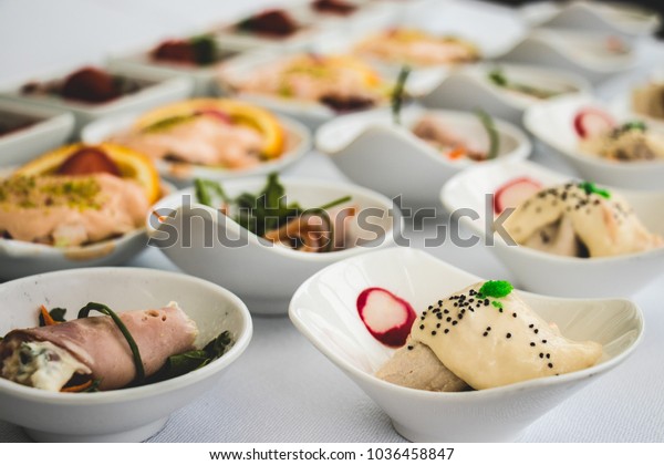 Bowls Seafood Appetizers Fingerfood Wedding Reception Stock Photo