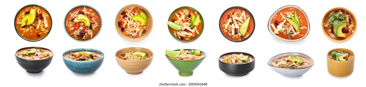 Bowls Of Tasty Chicken Enchilada Soup On White Background