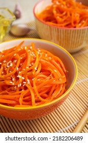 Bowls With Tasty Korean Carrot Salad, Closeup