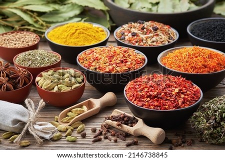 Bowls of various aromatic spices and culinary herbs. Different seasoning - red hot pepper, paprika, anise, saffron, black seeds, nutmegs, cardamom pods, thyme, gloves, curcuma. Condiments for cooking.