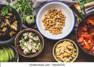 Bowls With Vegetarian Meal For Tasty Eating In Salad Bar , Top View.  Healthy Eating And Cooking, Clean Or Diet Food Concept