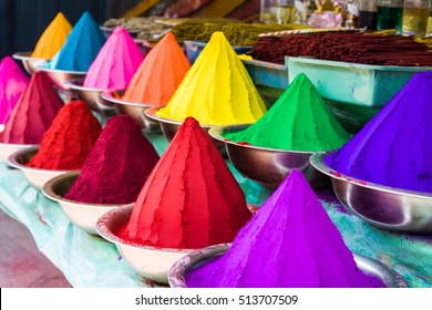 Bowls of vibrant colored dyes in India - holi colors. - Powered by Shutterstock