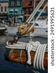 The bowsprit and some of the rigging of the skipjack Stanley Norman, at City Dock in Annapolis, MD. It was built in 1902, and is one of the very few surviving Chesapeake Bay skipjacks.