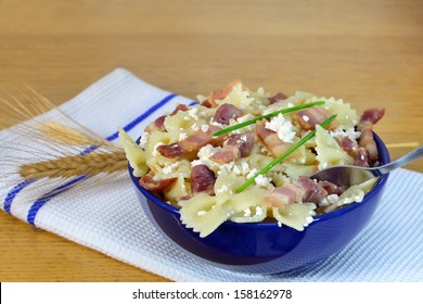 Bow-tie Pasta With Bacon And Cottage Cheese In A Bowl. Shallow DOF.