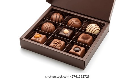 A box of assorted chocolates on a white background