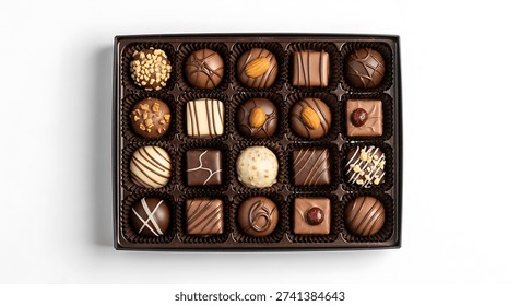 A box of assorted chocolates on a white background