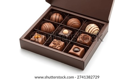 A box of assorted chocolates on a white background