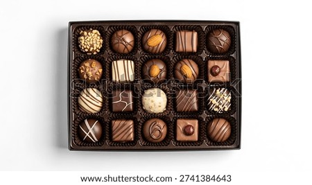 A box of assorted chocolates on a white background