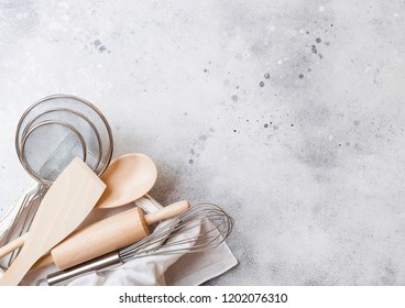  Box Of Baking Utensils. Whisk, Mesh And Spatula In Vintage Wooden Box.Top View.