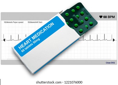 Box And Blister Pack Of Heart Medication Tablets Used For Treatment Of Heart Arrhythmias Including Atrial Fibrillation, With Healthy Heart ECG Trace Behind.