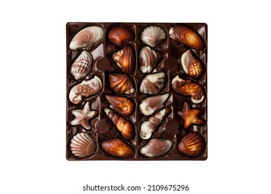 Box of chocolates seashells isolated on white background.