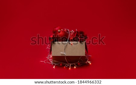 Box with christmas balls and decorations.  Top horizontal view copyspace.