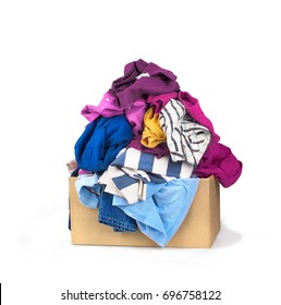 Box With Clothes On White Background.