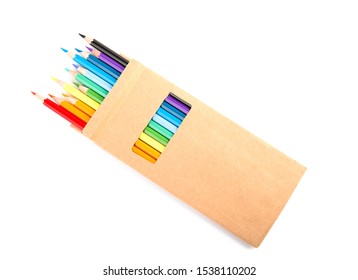 Box Of Color Pencils On White Background, Top View