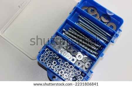 Box With Compartments For Screw Bolts, Hex Nuts And Steel Washers With Open Plastic Lid
