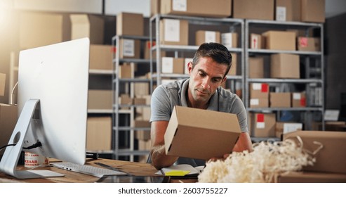 Box, computer and supply chain with courier man in distribution center for export or import. Inspection, logistics and quality control with employee in office for delivery, ecommerce or shipping