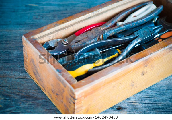 Box with\
construction tools. A container for storing hand-held construction\
tools for repair and installation. Car kit for car repair or\
replacement of auto parts. 