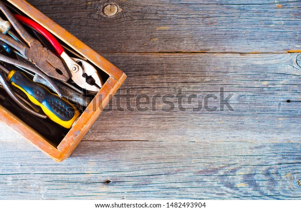 Box with\
construction tools. A container for storing hand-held construction\
tools for repair and installation. Car kit for car repair or\
replacement of auto parts. 